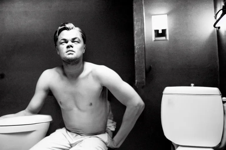 Prompt: leonardo dicaprio cleaning a toilet, ominous lighting, by richard avedon, tri - x pan stock