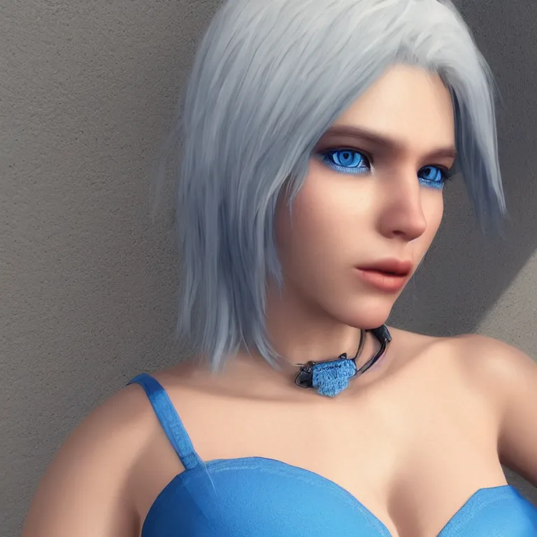 Image similar to “hyperrealistic ultra detailed unreal engine 5 RTX raytracing nvidia hairworks render of portrait of the most beutiful girl with blue eyes and white hair. Photo. Retro. Webpunk. ”