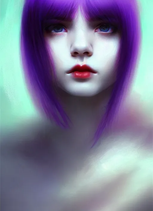 Image similar to hair whitebangs hair, black hair, blackbangswhitehair, portrait of teenage girl with white bangs, red irises, purple clothes, white bangs, bangs are different color from hair, intricate, elegant, glowing lights, highly detailed, digital painting, artstation, concept art, sharp focus, illustration, art by wlop, mars ravelo and greg rutkowski