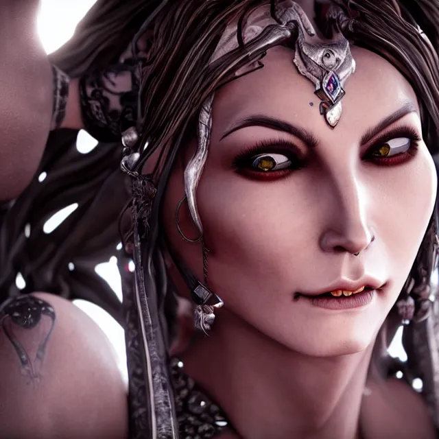 Prompt: perfectly centered close up portrait, candid photography, goddess of death, by anne stokes, updo, highly detailed, accurate, unreal engine 5