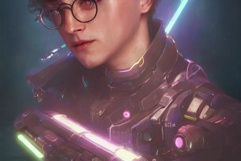 Image similar to portrait of cyborg Harry Potter in cyberpunk, neon lighting, portrait in center, digital art from artstation by Ruan Jia and Mandy Jurgens and Artgerm and william-adolphe bouguereau and Greg Rutkowski and Wayne Barlowe