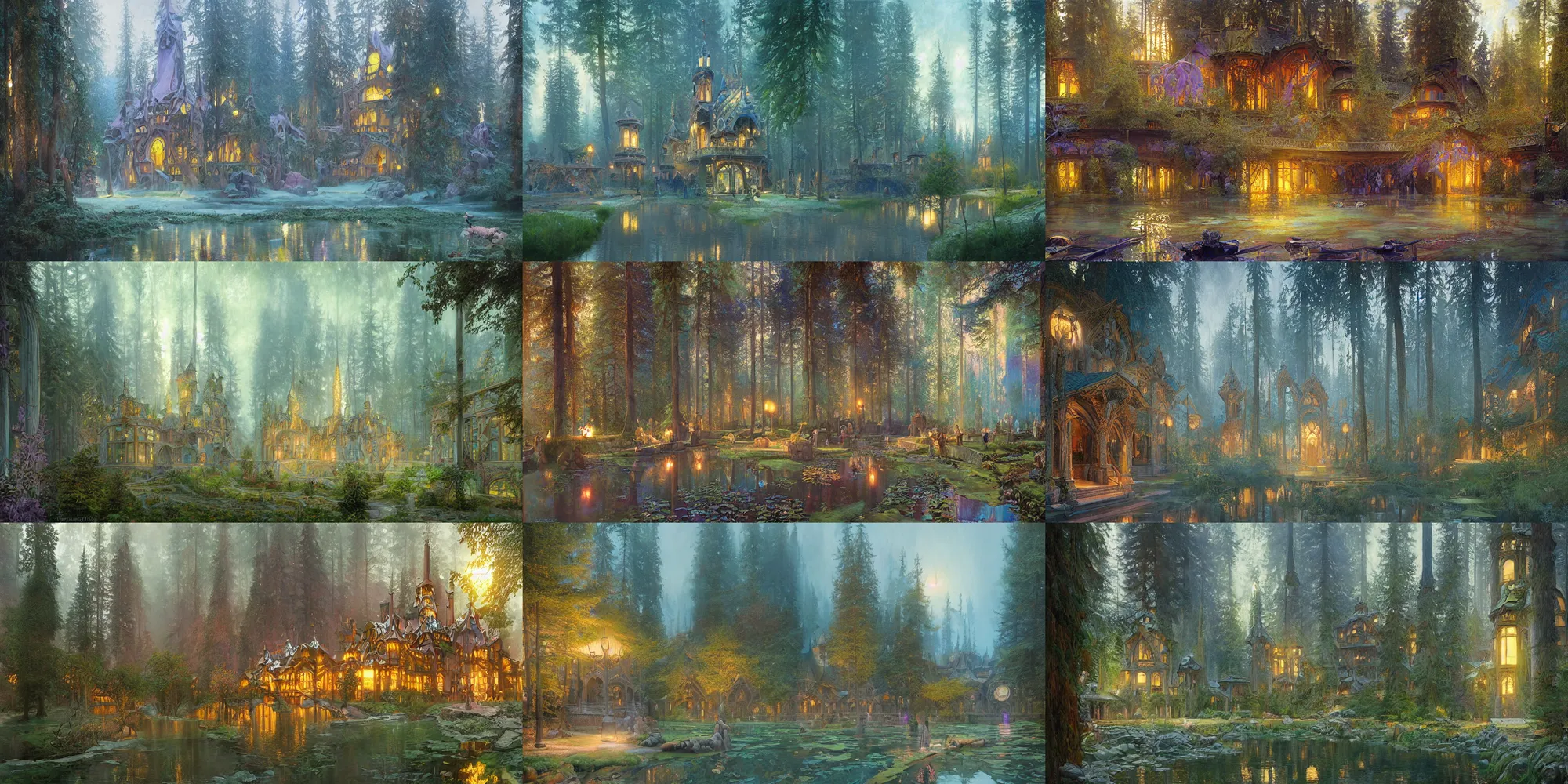 Prompt: school of magic near the lake in coniferous forest, art nouveau architecture, fantasy, highly detailed, intricate, volumetric lighting, pastel colors, digital paining, matte painting, art by finnian macmanus, thomas scholes, donato giancola