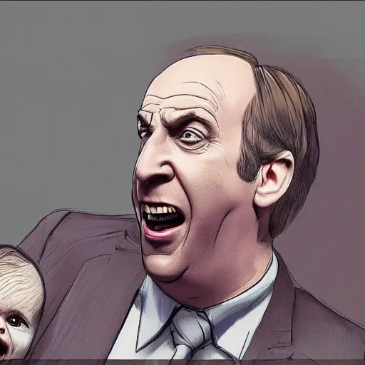 Prompt: Saul Goodman screaming at a baby, digital art, trending in artstation