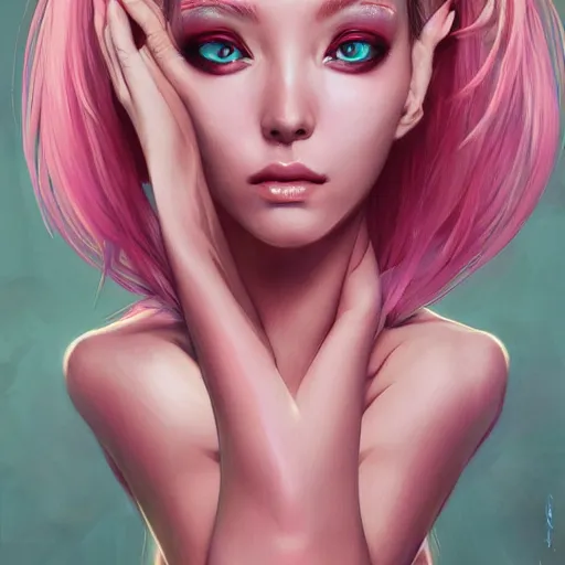 Image similar to portrait of beautiful symmetrical anime alien woman, pink hair, attractive, casual, modern, victoria's secret, highly detailed, digital painting, artstation, concept art, smooth, sharp focus, illustration, art by artgerm, greg rutkowski and alphonse mucha, 8 k,