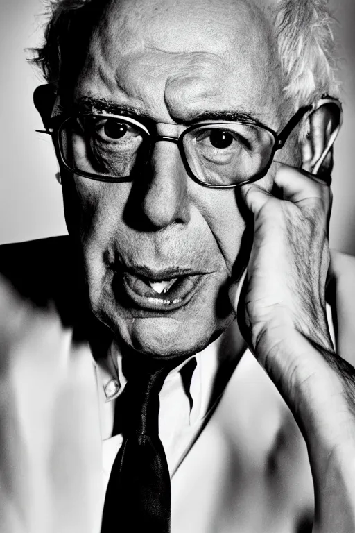 Prompt: a fashion photo portrait of Senator Bernie Sanders, fetish, leather, pvc, medium shot. In the style of Helmut newton, robert maplethorpe, Stefano Brunesci, Lachlan Bailey, Herb Ritts, Ellen Von Unwerth, Haris Nukem, Sardax, Annie Leibovitz. detailed photo, hd, 4k, trending on artstation, b&w, 35mm, f1.8