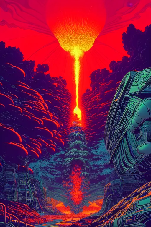 Image similar to artwork by kilian eng and ( dan mumford ) and toshi yoshida and franklin booth showing a gigantic futuristic powerstation!! in front of a ( ( exploding volcano ) ), vintage scifi, high details, dramatic lightning,, 8 k