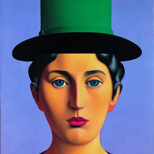 Prompt: a portrait of a woman by rene magritte and lisa frank