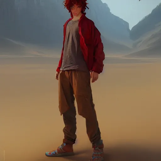 Prompt: teen boy, red hair, desert clothes, gorgeous, amazing, feminine, elegant, intricate, highly detailed, digital painting, artstation, concept art, sharp focus, illustration, art by WLOP and greg rutkowski