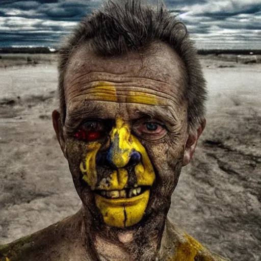 Prompt: selfie of the last surviving ukrainian, wild pain and damage to the body burns alive to the bone, painted in dirty yellow - blue colors, a huge nuclear explosion is approaching in the background