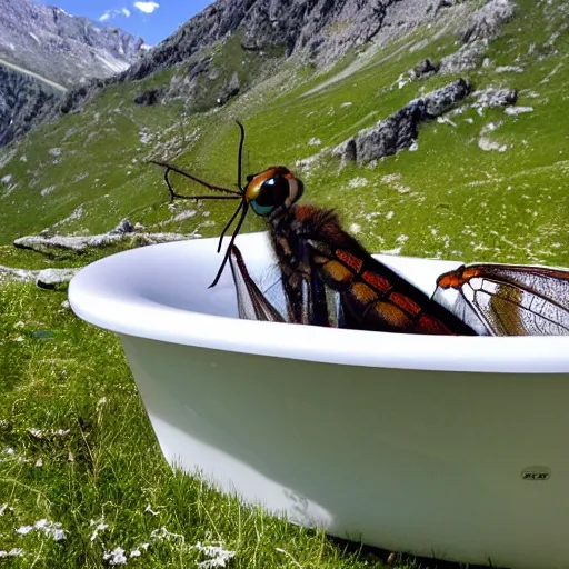 Prompt: dragonfly in a bathtub in the alps, big ibex!! in the background