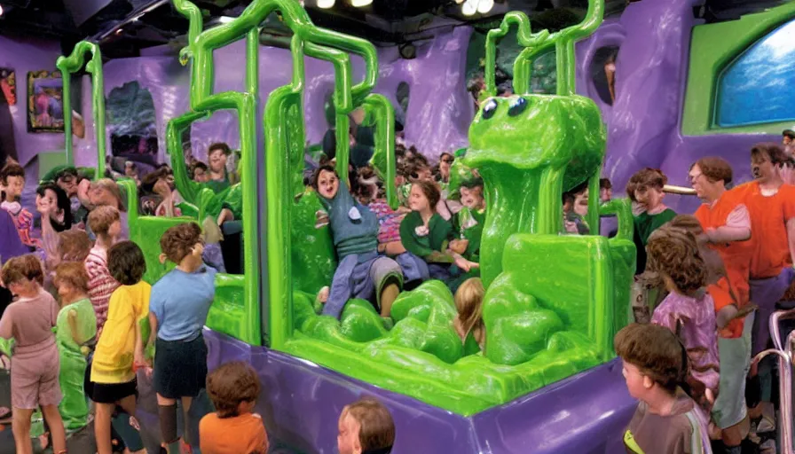 Prompt: 1990s photo of inside the Nickelodeon Blockbuster Gameboy Slime Show ride at Universal Studios in Orlando, Florida, children riding a VHS tape through a slime Muppet tamagotchi town, cinematic, UHD