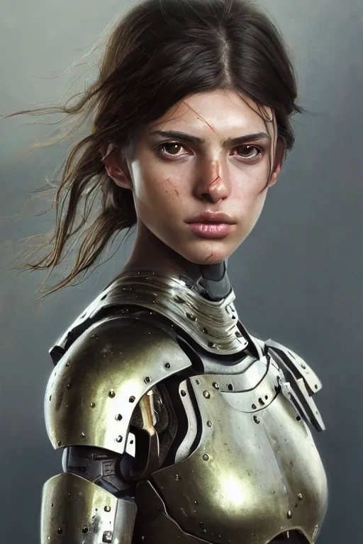 Image similar to a photorealistic painting of an attractive young girl, partially clothed in thick metal-plated battle armor, olive skin, long dark hair, beautiful bone structure, symmetric facial features, perfect eyes, intricate, elegant, natural posture, digital painting, concept art, finely detailed, illustration, sharp focus, minimal artifacts, from Metal Gear, by Greg Rutkowski, in the style of Ruan Jia and Mandy Jurgens and Artgerm and William-Adolphe Bouguerea, trending on Artstation, award winning