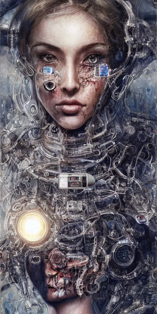 Image similar to ultra realistic beautiful alluring illustration of an ai controlled machine with translucent tubes that are pumping images of popular media into the heads of zombies who wearing designer clothing while taking selfies in new york city. sci - fi, fantasy, intricate, elegant, highly detailed, digital painting, artstation, concept art, smooth, sharp focus, illustration, beautiful light and shadows, by norman rockwell