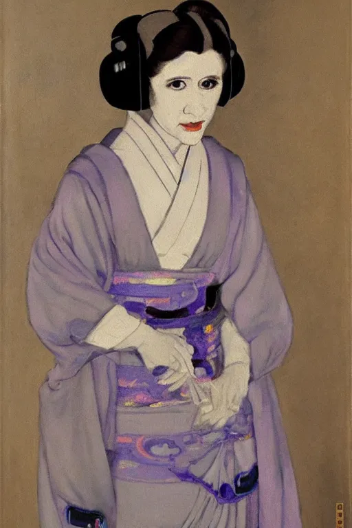 Image similar to princess leia as a geisha, full - figure oil painting by james mcneill whistler, brush strokes