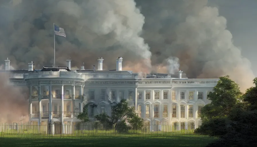 Image similar to A highly detailed matte painting of american white house castle on fire, expliosion and smokes, by Studio Ghibli, Makoto Shinkai, by Artgerm, by WLOP, by Greg Rutkowski, volumetric lighting, octane render, 4K resolution, trending on artstation, masterpiece