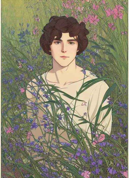 Image similar to book cover, pretty young man with shoulder length blond hair, male, half body shot, flower pattern background, path traced, highly detailed, high quality, digital painting, by studio ghibli and alphonse mucha, leesha hannigan, hidari, art nouveau, chiho aoshima, jules bastien - lepage