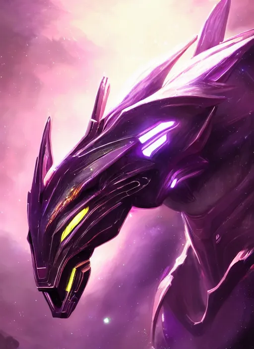 Image similar to cinematic close shot, cosmic sized proportional stunning beautiful hot female warframe, detailed sleek robot mecha female dragon head, metal ears glowing purple oled eyes, mawshot, sleek silver armor, floating in empty space, nebula sized, epic proportions, epic size, epic scale, furry art, dragon art, giantess art, warframe fanart, furaffinity, deviantart