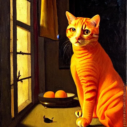 Image similar to a painting of an orange cat staring profoundly into the window, a detailed painting by johannes vermeer, behance, american scene painting, dutch golden age, detailed painting, academic art