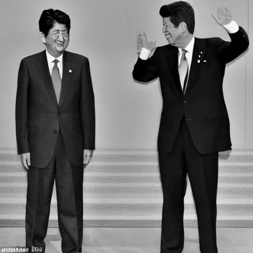 Image similar to shinzo abe and jfk pointing pistols at each other and laughing, photo style