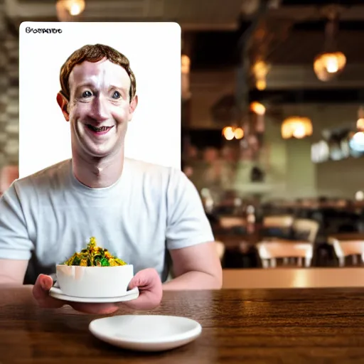 Image similar to Mark Zuckerberg as a restaurant waiter holding a coaster, EOS-1D, f/1.4, ISO 200, 1/160s, 8K, RAW, unedited, symmetrical balance, in-frame, Photoshop, Nvidia, Topaz AI