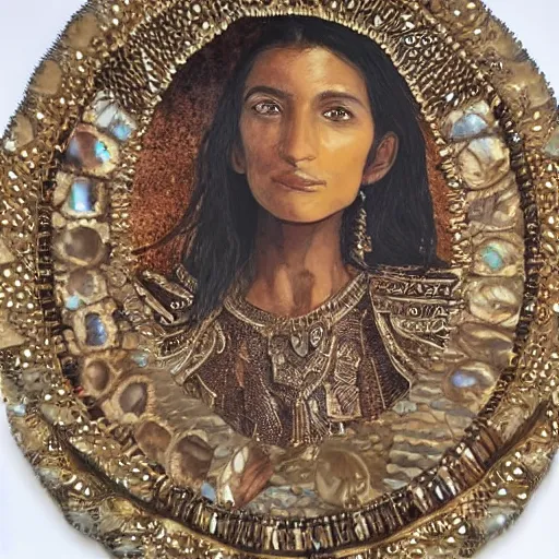 Image similar to portrait of a brown woman wearing an armor made of mother of pearl. sheen and shimmer. super intricate. photorealistic. award winning