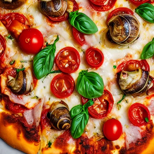 Prompt: Proper Italian pizza with snails and tomatoes, morning hard light, professional food photography, 80mm, top down