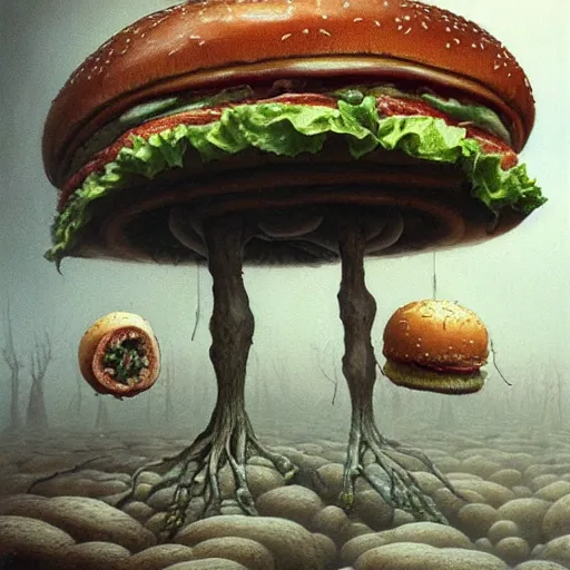 Prompt: a hyperrealistic painting of a burger filled with alien plants and disturbing meat, by john kenn mortensen and zdzislaw beksinski, highly detailed, vivid color,