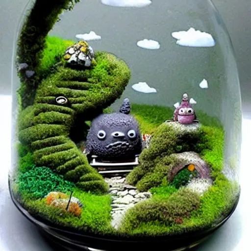 Image similar to a terrarium that has a cute wee village and totoro living inside it, studio ghibli