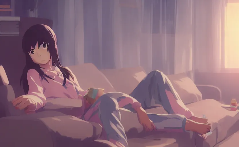 Image similar to a girl in her pajamas playing video games, anime scene illustrated by Makoto Shinkai, 4k, digital art