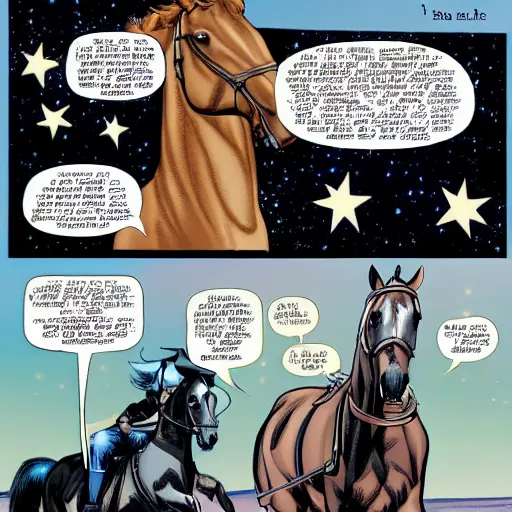 Prompt: a horse rides an astronaut, marvel comics page