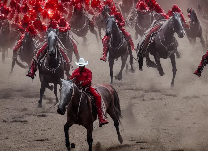 Prompt: cinematic shot of cowboy outriders on horseback wearing silver suits of armor and cowboy hats fighting in battle against enemies that are wearing red armor by Greg Rutkowski, 4k, masterpiece