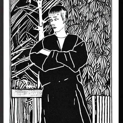 Image similar to Yung Lean, portrait, b&w, woodblock print, by Aubrey Beardsley