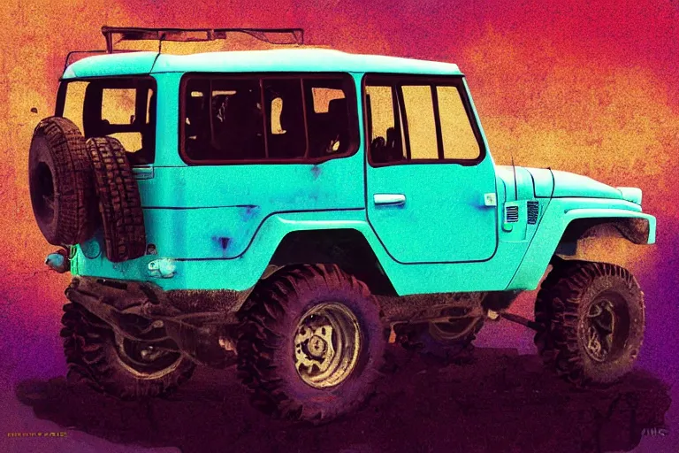 Image similar to digital illustration of a faded cyan mad max's fj 4 0 decrepit!!!! pursuit special, rusty!!! nissan fj cruiser heavily modded 1 9 9 0 s, the last v 8 interceptor by makoto shinkai, ilya kuvshinov, lois van baarle, rossdraws, basquiat