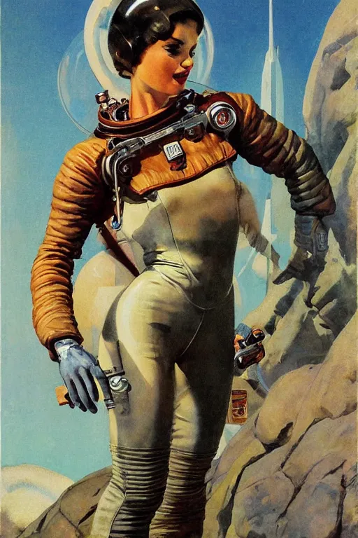 Image similar to 5 0 s pulp scifi fantasy illustration full body portrait slim woman in leather spacesuit on rocky mars, by norman rockwell, roberto ferri, daniel gerhartz, edd cartier, jack kirby, howard v brown, ruan jia, tom lovell, frank r paul, jacob collins, dean cornwell, astounding stories, amazing, fantasy, other worlds