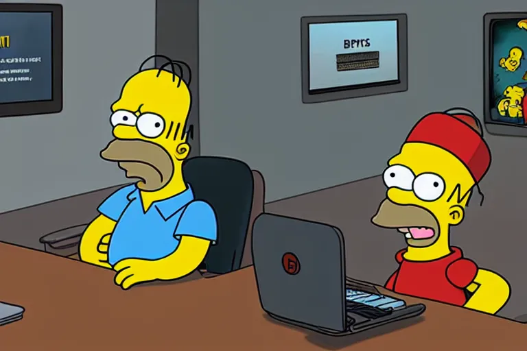 Image similar to Homer Simpson sits at the office table and monitors the fall of Bitcoin and is angry, CryEngine