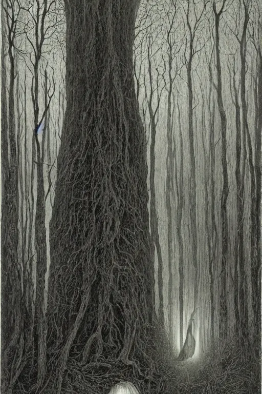 Prompt: zdzisław beksinski painting. a witch in the woods