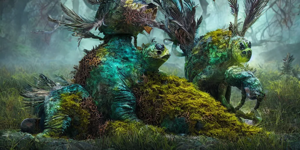 Prompt: a bird turtle giraffe mushroom jelly machine hybrid creature monster with metal scales feathers fur moss spines knobs, rich diverse lush alien world, fantasy, science fiction, dramatic lighting, in the style of national geographic, ken barthelmey, illustration, octane render