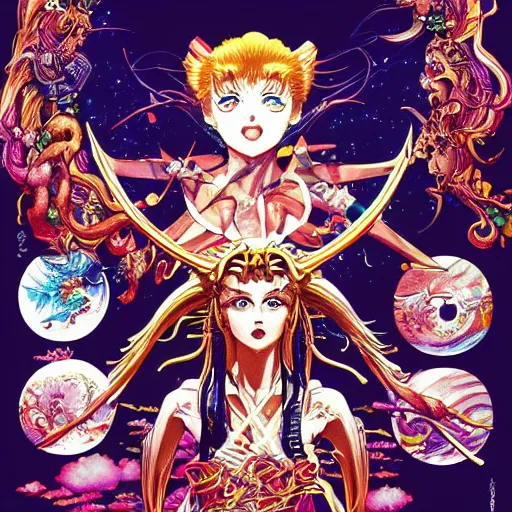 Prompt: portrait of crazy sailor moon, symmetrical, by yoichi hatakenaka, masamune shirow, josan gonzales and dan mumford, ayami kojima, takato yamamoto, barclay shaw, karol bak, yukito kishiro