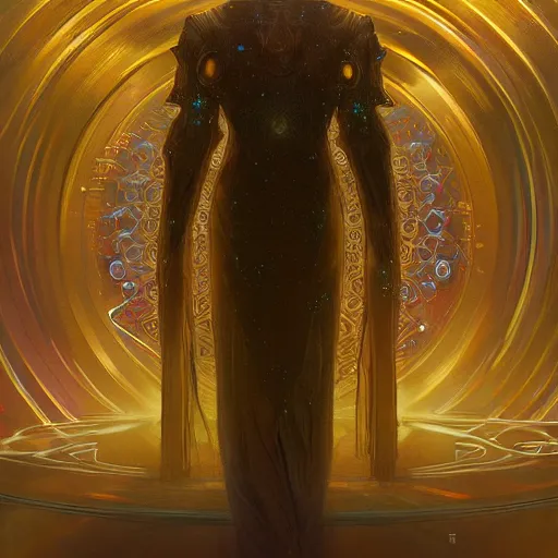 Image similar to hyper realistic golden quantum computer the size of a city , art by artery and Greg Rutkowski and alphonse mucha, sci-fi, fantasy, intricate, ornate, very very beautiful, elegant, highly detailed, digital painting, artstation, concept art, smooth, sharp focus, masterpiece , post-processing.