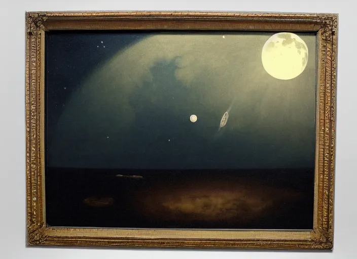 Image similar to mare tranquillitatis on the moon, earth in the background in the style of hudson river school of art, oil on canvas