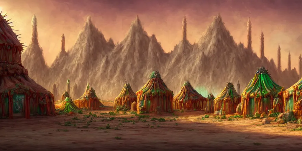 Prompt: a glorious temple city full of colored merchant tents in a salt desert that is surrounded by green prickly bramble, tall central cathedral, matte oil painting, science fantasy, retrofuturistic, biblical, rpg, queer, pride, epic, extremely detailed, sharp focus, 4 k