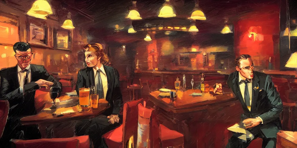 Prompt: a man wearing a tie is having a drink with a femme fatale at the bar of a 4 0 s jazz club, warm color palette, night time, dramatic lighting, noir film, character sheet, fine details, high contrast, blacksad, kim jung gi, greg rutkowski, trending on artstation, 8 k, front view, back view, ultra wide angle