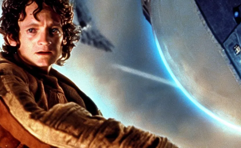 Prompt: screenshot portrait shot of a professor x flying the millennium falcon cockpit with Frodo, iconic scene from the 1977s Star Wars film directed by George Lucas, color kodak stock, ektochrome, anamorphic lenses, detailed faces, crisp, sharp, beautiful cinematography