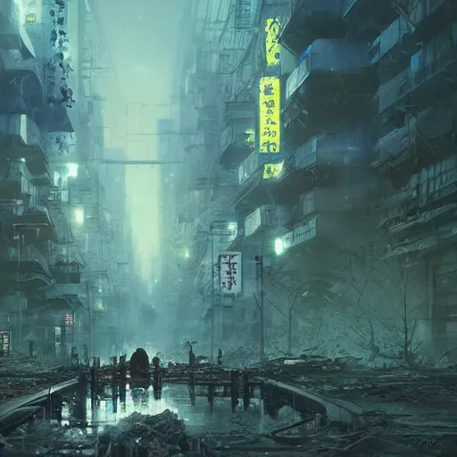 Image similar to tokyo in a post apocalyptic earth as seen by greg rutkowski, dark theme, enchanted, warm colors, high quality, waw, trending on artstation