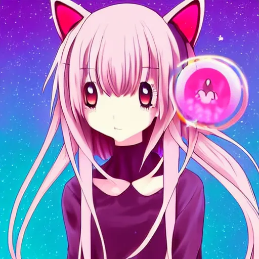 Image similar to digital card art of anime (cat) girl with cat ears surrounded by magic circles. Pink hue. Highly detailed. Beautiful