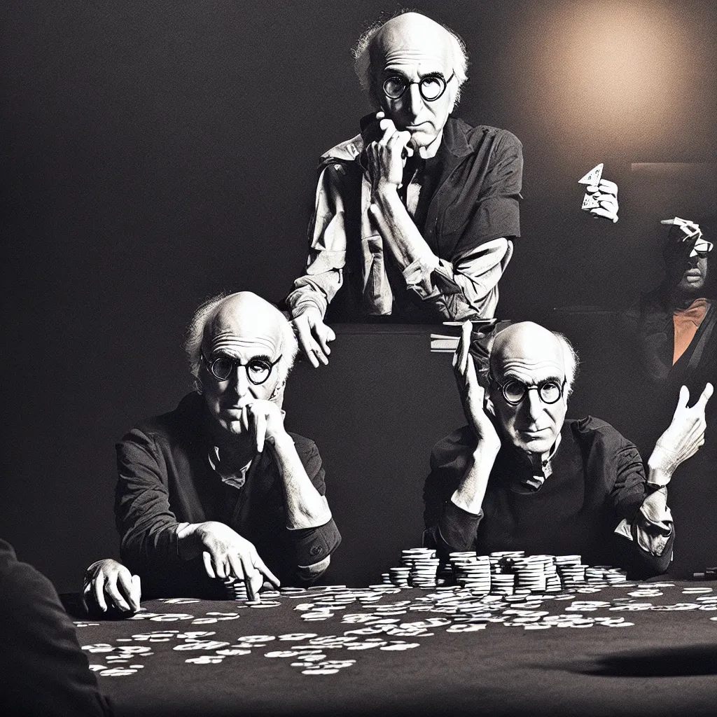 Prompt: larry david playing poker, Mads Berg, Karolis Strautniekas, James Yang, Brutalism, Constructivist, film noir, stippled light, dramatic lighting,editorial illustration, detailed, matte print, dark orange black white red, a lone man