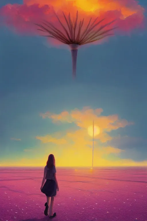 Image similar to giant daisy flower head, girl walking on salt flats mountains, surreal photography, sunrise, dramatic light, impressionist painting, colorful clouds, digital painting, artstation, simon stalenhag