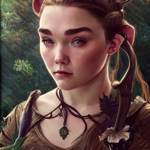 Prompt: Florence Pugh as a elf archer, cute, fantasy, intricate, elegant, highly detailed, centered, digital painting, artstation, concept art, smooth, sharp focus, illustration, art by artgerm and H R Giger and alphonse mucha