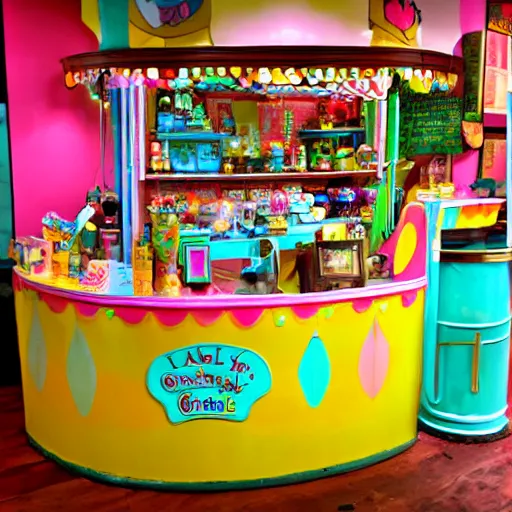 Image similar to a colorful fanciful ice cream parlor counter in the style of arnold lobel