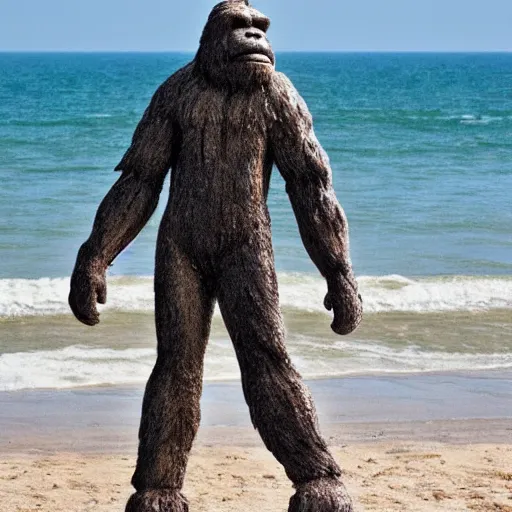 Prompt: photo of a Bigfoot at the beach in Tel Aviv, 50mm, beautiful photo